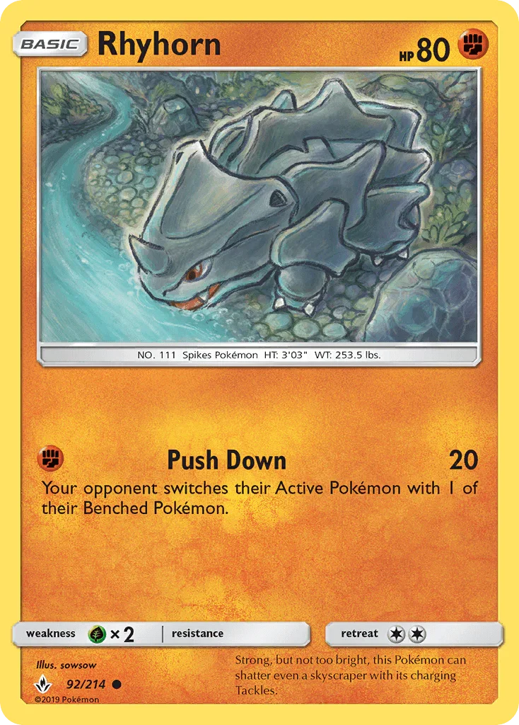 92, Common, Fighting, Grass[×2], Normal, Reverse Holofoil, Sun & Moon: Unbroken Bonds Rhyhorn (92/214) [Sun & Moon: Unbroken Bonds] - Trading Card World