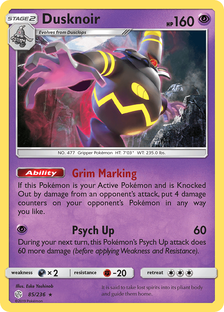 85, Darkness[×2], Fighting[-20], Holo Rare, Holofoil, Psychic, Reverse Holofoil, Sun & Moon: Cosmic Eclipse Dusknoir (85/236) [Sun & Moon: Cosmic Eclipse] - Trading Card World