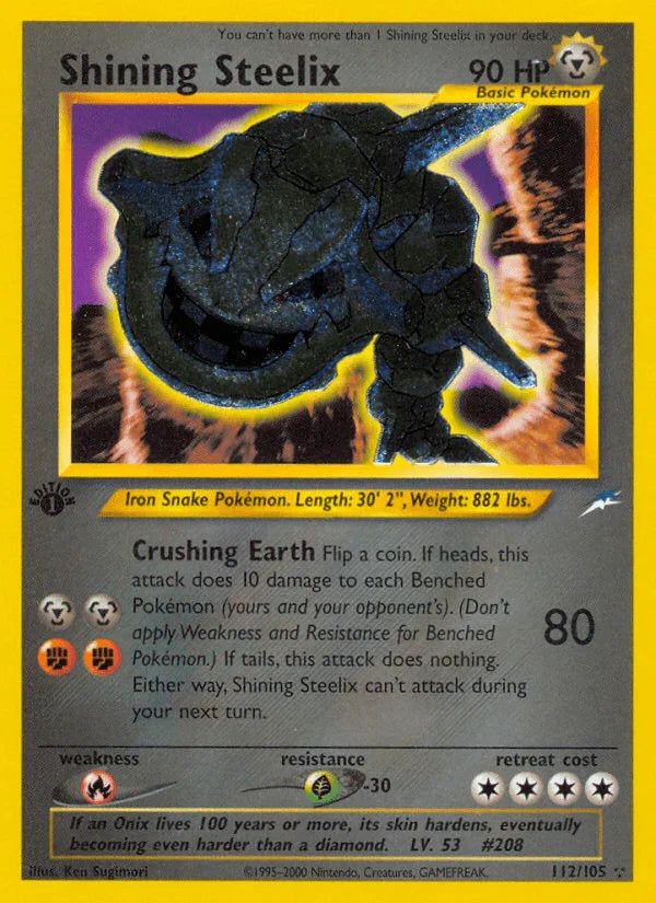 112, 1st Edition Holofoil, Fire[×2], Grass[-30], Metal, Neo Destiny 1st Edition, Secret Rare Shining Steelix (112/105) [Neo Destiny 1st Edition] - Trading Card World