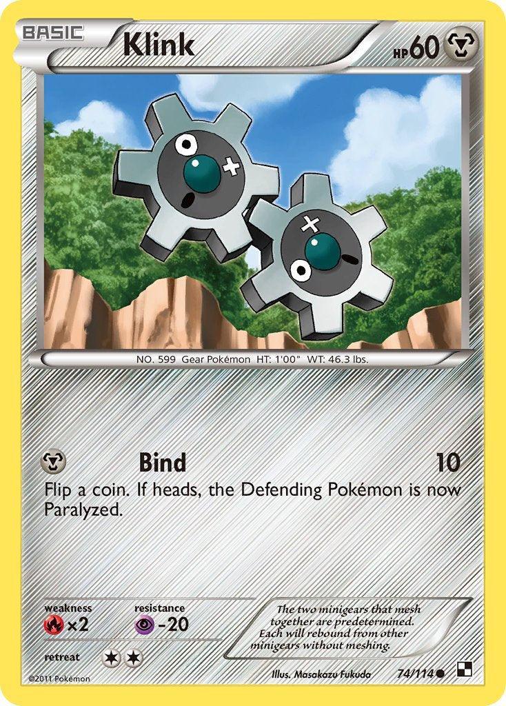 74, Black & White: Base Set, Common, Fire[×2], Holofoil, Metal, Psychic[-20] Klink (74/114) (Cracked Ice Holo) (Blister Exclusive) [Black & White: Base Set] - Trading Card World