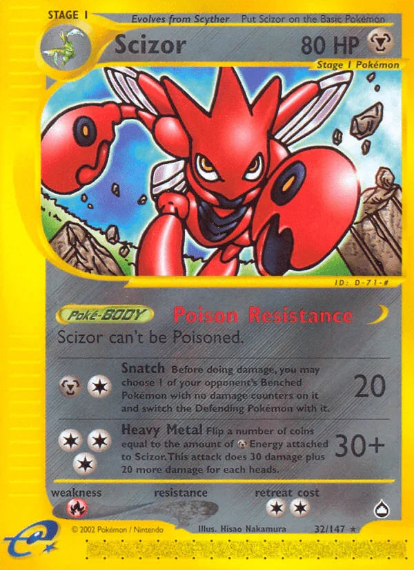 32, Aquapolis, Fire[×2], Metal, Normal, Rare, Reverse Holofoil Scizor (32/147) [Aquapolis] - Trading Card World