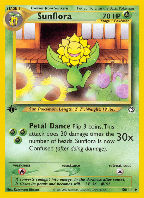1st Edition Normal, 50, Fire[×2], Grass, Neo Genesis 1st Edition, Uncommon Sunflora (50/111) [Neo Genesis 1st Edition] - Trading Card World