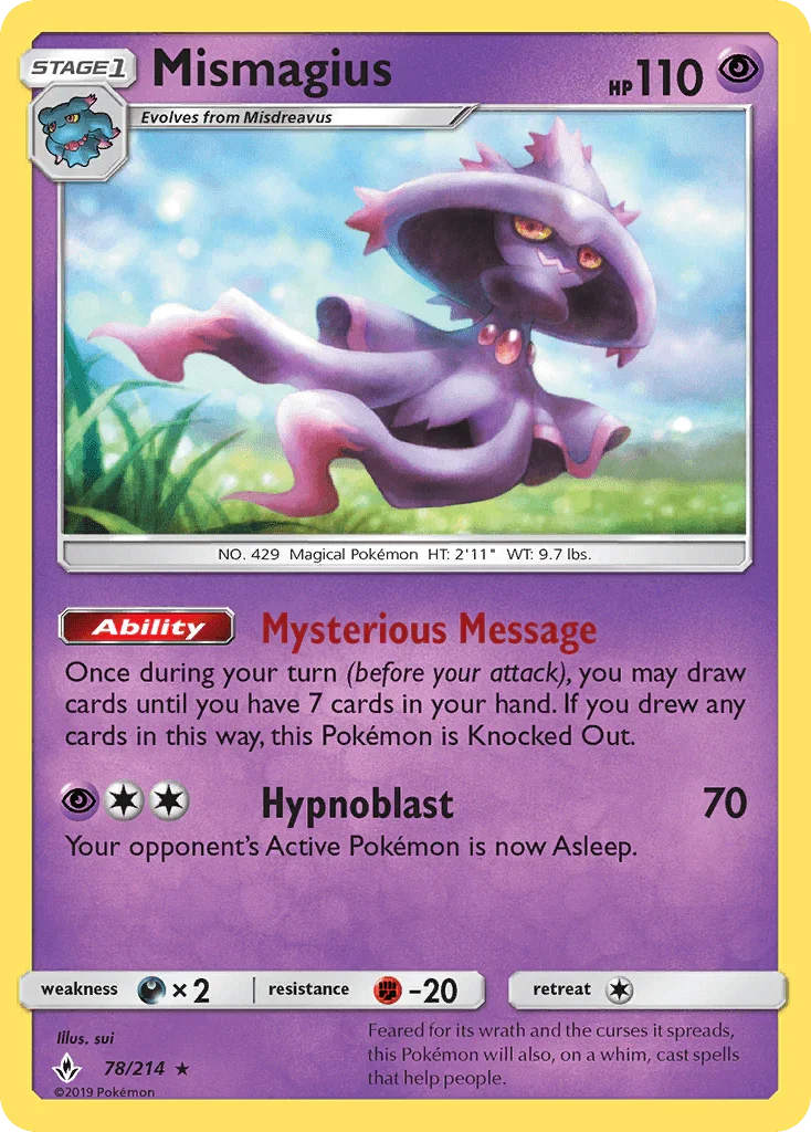 78, Darkness[×2], Fighting[-20], Normal, Psychic, Rare, Reverse Holofoil, Sun & Moon: Unbroken Bonds Mismagius (78/214) [Sun & Moon: Unbroken Bonds] - Trading Card World