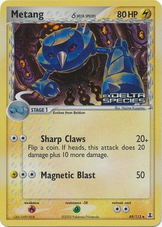 49, EX: Delta Species, Fire[×2], Grass[-30], Lightning, Reverse Holofoil, Uncommon Metang (49/113) (Delta Species) (Stamped) [EX: Delta Species] - Trading Card World