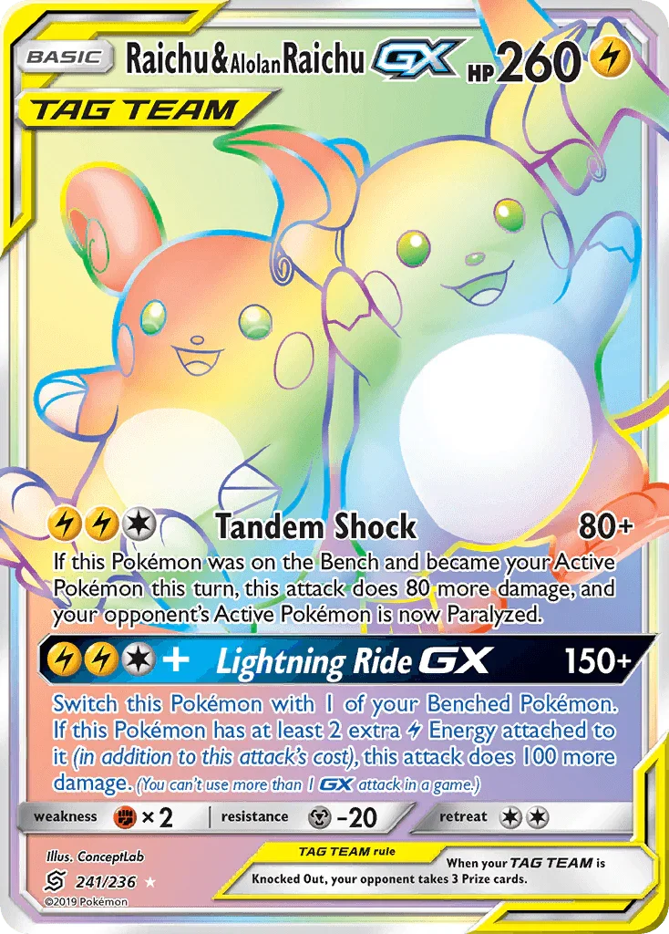 241, Fighting[×2], Holofoil, Lightning, Metal[-20], Secret Rare, Sun & Moon: Unified Minds Raichu & Alolan Raichu GX (241/236) [Sun & Moon: Unified Minds] - Trading Card World
