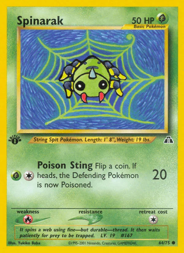 1st Edition Normal, 64, Common, Fire[×2], Grass, Neo Discovery 1st Edition Spinarak (64/75) [Neo Discovery 1st Edition] - Trading Card World