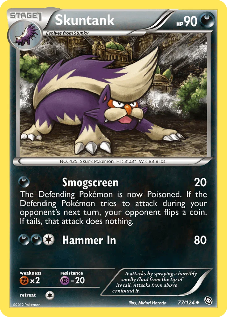77, Black & White: Dragons Exalted, Darkness, Fighting[×2], Normal, Psychic[-20], Reverse Holofoil, Uncommon Skuntank (77/124) [Black & White: Dragons Exalted] - Trading Card World