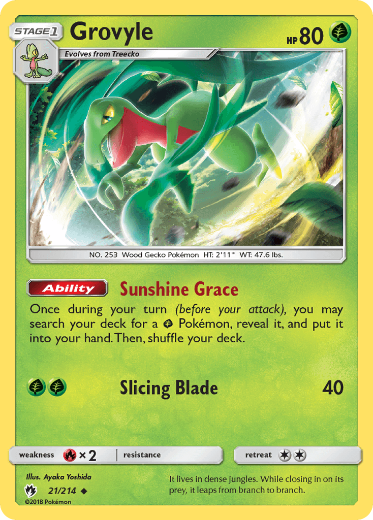 21, Fire[×2], Grass, Normal, Reverse Holofoil, Sun & Moon: Lost Thunder, Uncommon Grovyle (21/214) [Sun & Moon: Lost Thunder] - Trading Card World
