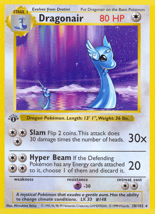 18, 1st Edition Normal, Base Set 1st Edition, Colorless, Psychic[-30], Rare Dragonair (18/102) (Shadowless) [Base Set 1st Edition] - Trading Card World