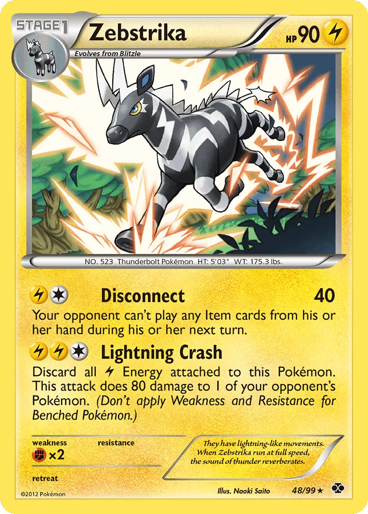 48, Black & White: Next Destinies, Fighting[×2], Lightning, Normal, Rare, Reverse Holofoil Zebstrika (48/99) [Black & White: Next Destinies] - Trading Card World