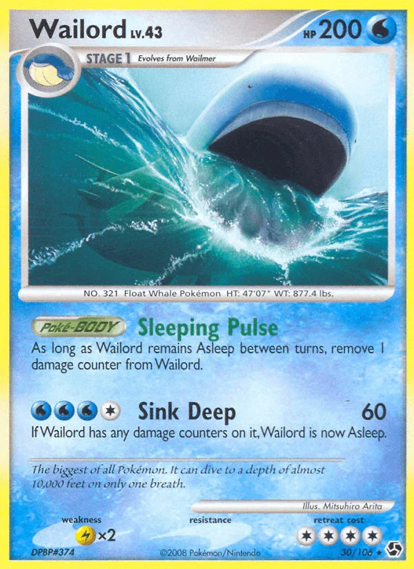 30, Diamond & Pearl: Great Encounters, Lightning[×2], Normal, Rare, Reverse Holofoil, Water Wailord (30/106) [Diamond & Pearl: Great Encounters] - Trading Card World