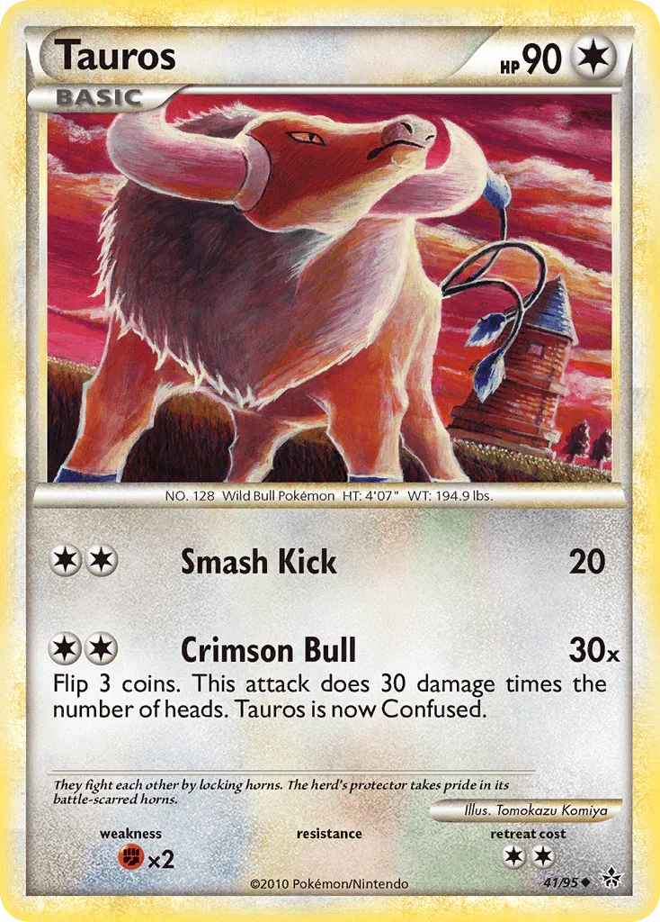 41, Colorless, Fighting[×2], HeartGold & SoulSilver: Unleashed, Normal, Reverse Holofoil, Uncommon Tauros (41/95) [HeartGold & SoulSilver: Unleashed] - Trading Card World