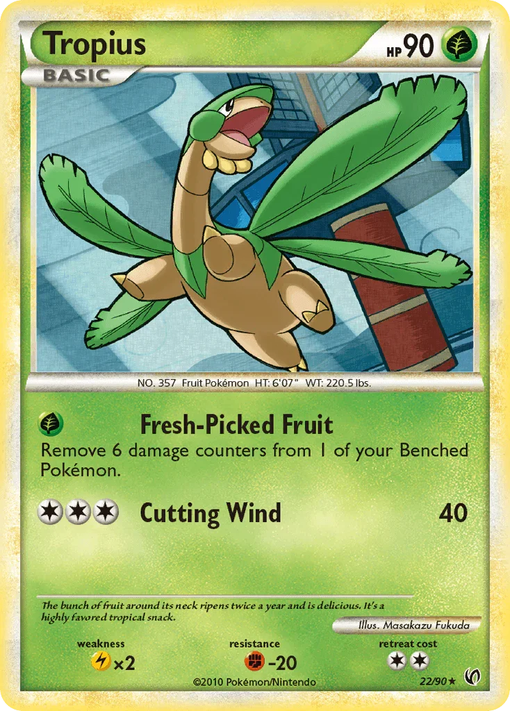 22, Fighting[-20], Grass, HeartGold & SoulSilver: Undaunted, Lightning[×2], Normal, Rare, Reverse Holofoil Tropius (22/90) [HeartGold & SoulSilver: Undaunted] - Trading Card World