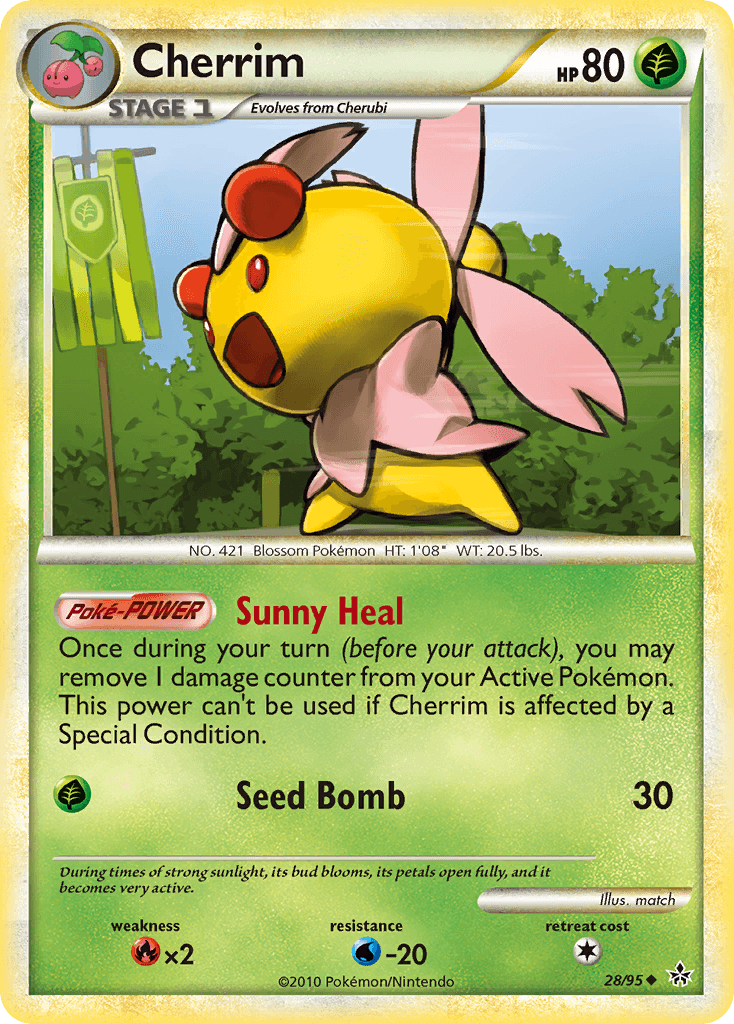 28, Fire[×2], Grass, HeartGold & SoulSilver: Unleashed, Normal, Reverse Holofoil, Uncommon, Water[-20] Cherrim (28/95) [HeartGold & SoulSilver: Unleashed] - Trading Card World