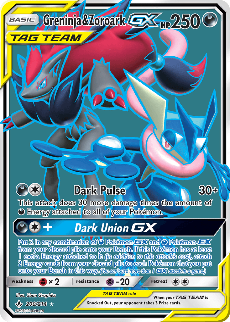 200, Darkness, Fighting[×2], Holofoil, Psychic[-20], Sun & Moon: Unbroken Bonds, Ultra Rare Greninja & Zoroark GX (200/214) [Sun & Moon: Unbroken Bonds] - Trading Card World