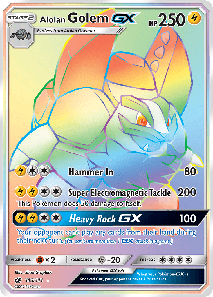 113, Fighting[×2], Holofoil, Lightning, Metal[-20], Secret Rare, Sun & Moon: Crimson Invasion Alolan Golem GX (113/111) [Sun & Moon: Crimson Invasion] - Trading Card World