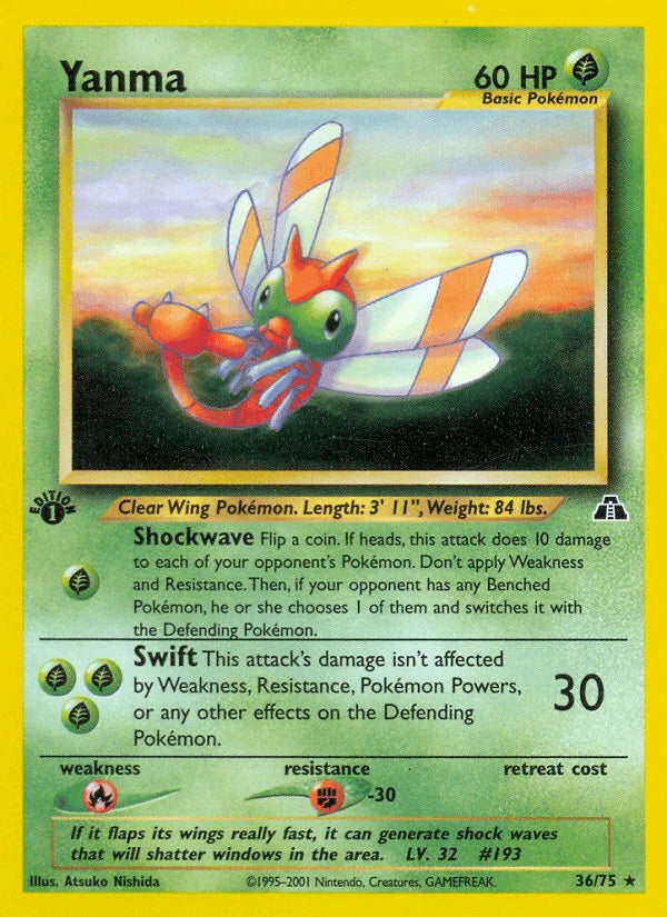 1st Edition Normal, 36, Fighting[-30], Fire[×2], Grass, Neo Discovery 1st Edition, Rare Yanma (36/75) [Neo Discovery 1st Edition] - Trading Card World