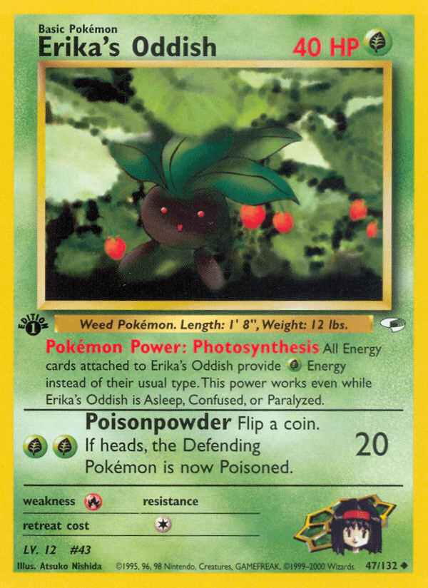 1st Edition Normal, 47, Fire[×2], Grass, Gym Heroes 1st Edition, Uncommon Erika's Oddish (47/132) [Gym Heroes 1st Edition] - Trading Card World