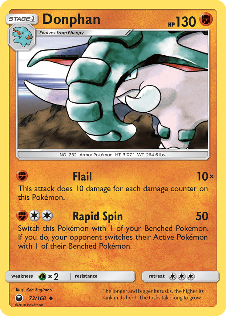 73, Fighting, Grass[×2], Normal, Reverse Holofoil, Sun & Moon: Celestial Storm, Uncommon Donphan (73/168) [Sun & Moon: Celestial Storm] - Trading Card World