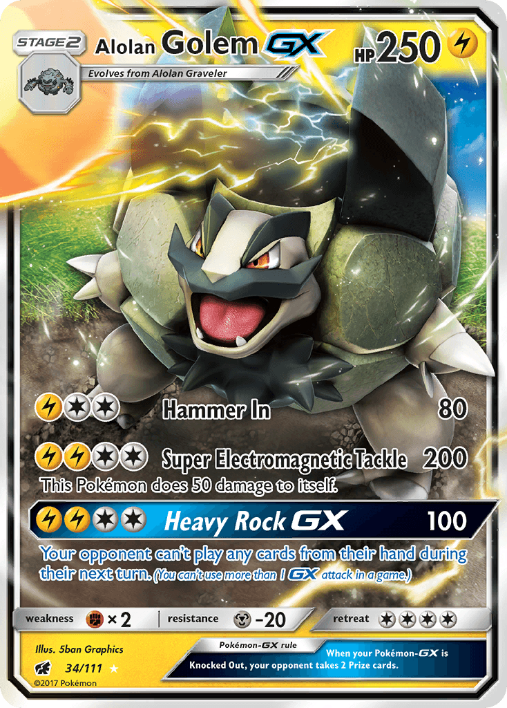 34, Fighting[×2], Holofoil, Lightning, Metal[-20], Sun & Moon: Crimson Invasion, Ultra Rare Alolan Golem GX (34/111) [Sun & Moon: Crimson Invasion] - Trading Card World