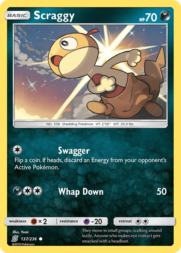 137, Common, Darkness, Fighting[×2], Normal, Psychic[-20], Reverse Holofoil, Sun & Moon: Unified Minds Scraggy (137/236) [Sun & Moon: Unified Minds] - Trading Card World