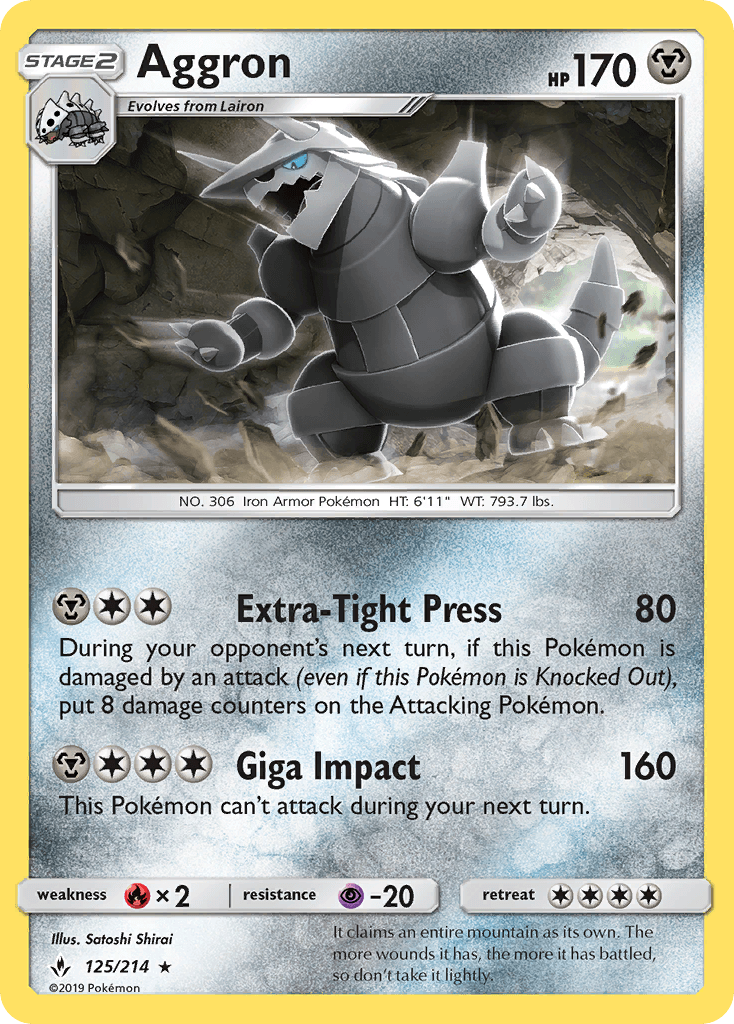 125, Fire[×2], Metal, Normal, Psychic[-20], Rare, Reverse Holofoil, Sun & Moon: Unbroken Bonds Aggron (125/214) [Sun & Moon: Unbroken Bonds] - Trading Card World