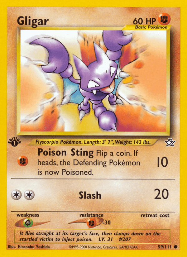 1st Edition Normal, 59, Common, Fighting, Fighting[-30], Grass[×2], Neo Genesis 1st Edition Gligar (59/111) [Neo Genesis 1st Edition] - Trading Card World