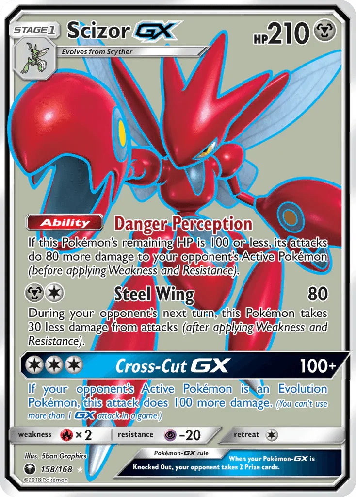 158, Fire[×2], Holofoil, Metal, Psychic[-20], Sun & Moon: Celestial Storm, Ultra Rare Scizor GX (158/168) [Sun & Moon: Celestial Storm] - Trading Card World