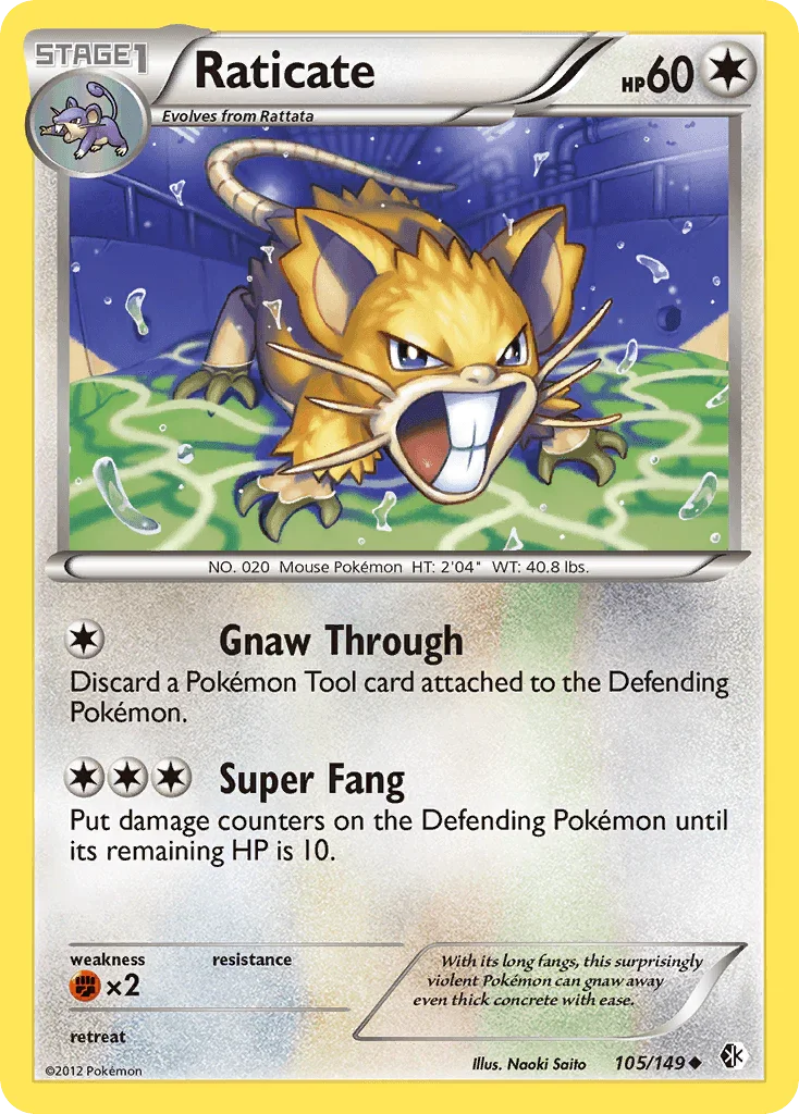 105, Black & White: Boundaries Crossed, Colorless, Fighting[×2], Normal, Reverse Holofoil, Uncommon Raticate (105/149) [Black & White: Boundaries Crossed] - Trading Card World