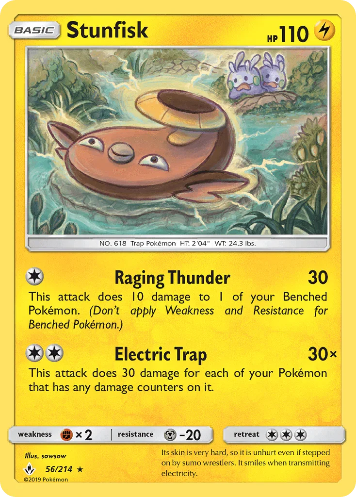 56, Fighting[×2], Lightning, Metal[-20], Normal, Rare, Reverse Holofoil, Sun & Moon: Unbroken Bonds Stunfisk (56/214) [Sun & Moon: Unbroken Bonds] - Trading Card World