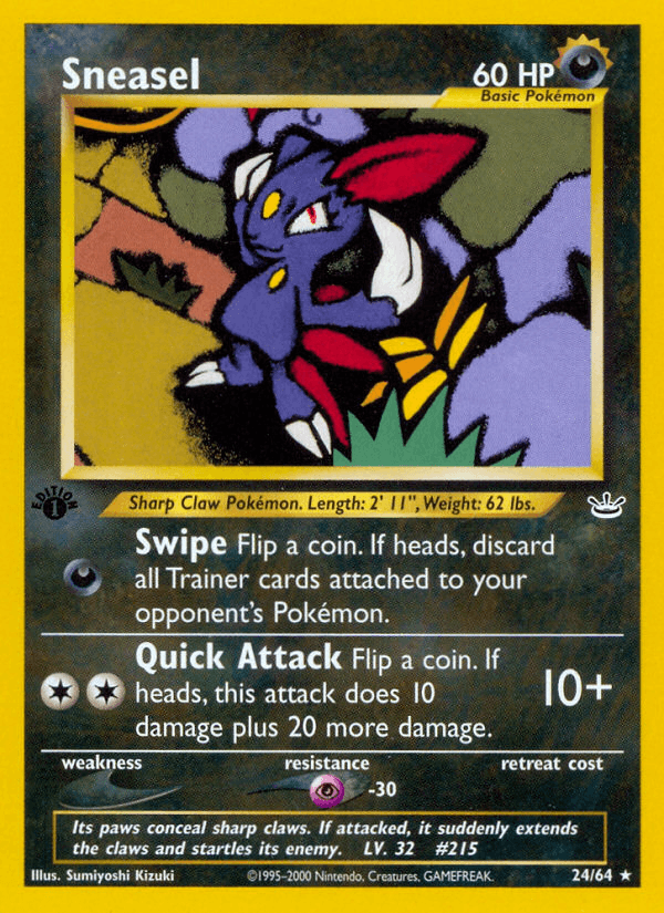 1st Edition Normal, 24, Darkness, Neo Revelation 1st Edition, Psychic[-30], Rare Sneasel (24/64) [Neo Revelation 1st Edition] - Trading Card World