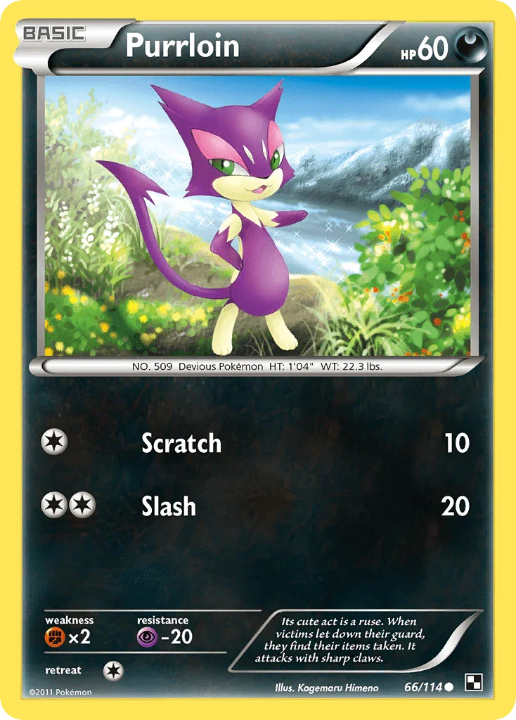 66, Black & White: Base Set, Common, Darkness, Fighting[×2], Normal, Psychic[-20], Reverse Holofoil Purrloin (66/114) [Black & White: Base Set] - Trading Card World