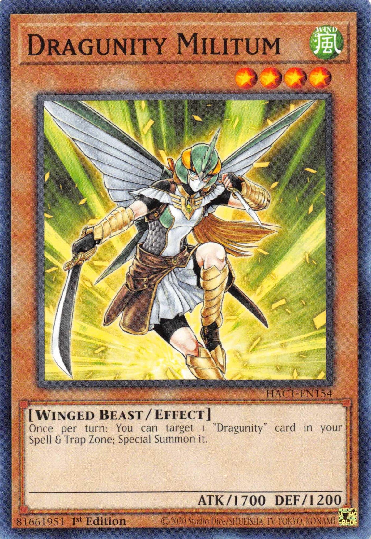 1st Edition, Common, Effect Monster, Hidden Arsenal: Chapter 1, Wind, Winged Beast Dragunity Militum [HAC1-EN154] Common - Trading Card World