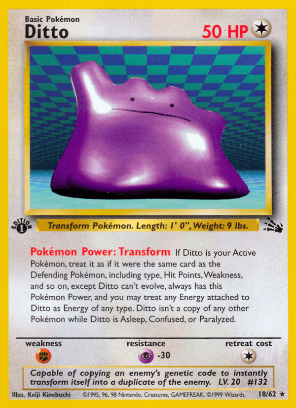 18, 1st Edition Normal, Colorless, Fighting[×2], Fossil 1st Edition, Psychic[-30], Rare Ditto (18/62) [Fossil 1st Edition] - Trading Card World