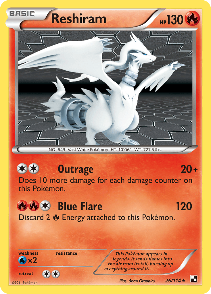 26, Black & White: Base Set, Fire, Holo Rare, Holofoil, Reverse Holofoil, Water[×2] Reshiram (26/114) [Black & White: Base Set] - Trading Card World