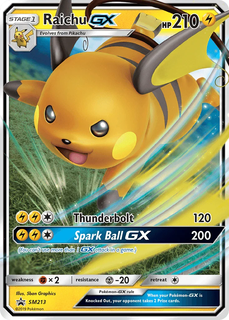Black Star Promo, Fighting[×2], Holofoil, Lightning, Metal[-20], SM213, Sun & Moon: Black Star Promos Raichu GX (SM213) [Sun & Moon: Black Star Promos] - Trading Card World