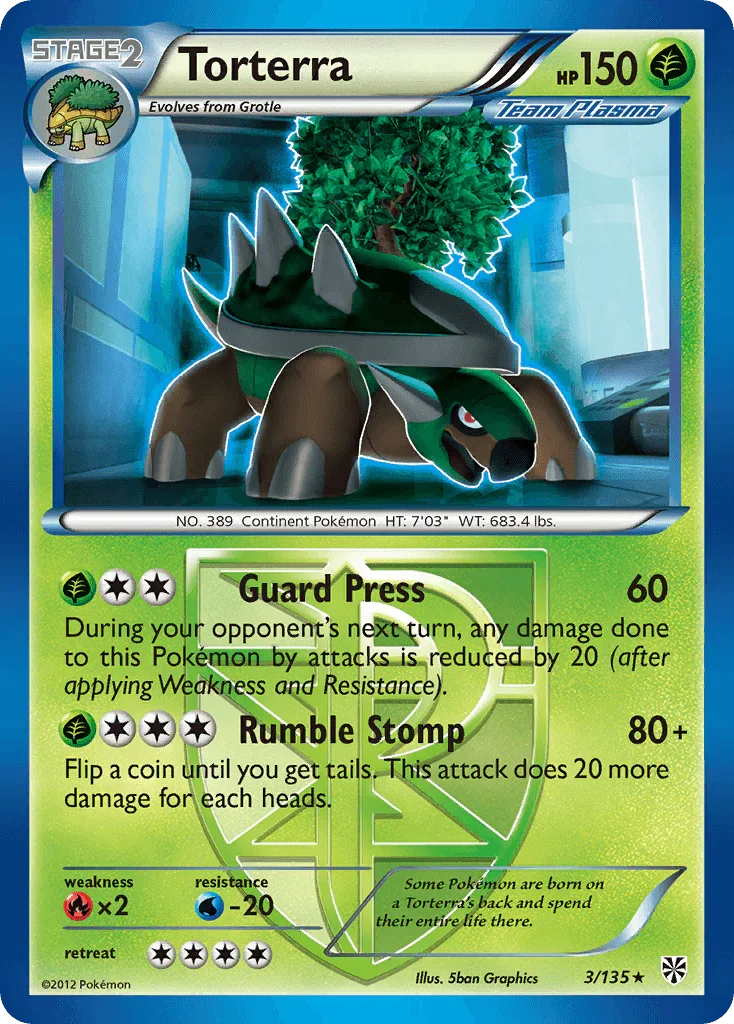 Black & White: Plasma Storm, Fire[×2], Grass, Normal, Rare, Reverse Holofoil, Water[-20] Torterra (3/135) [Black & White: Plasma Storm] - Trading Card World