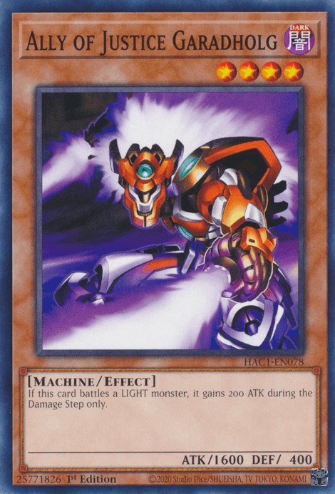 1st Edition, Common, Dark, Effect Monster, Hidden Arsenal: Chapter 1, Machine Ally of Justice Garadholg [HAC1-EN078] Common - Trading Card World