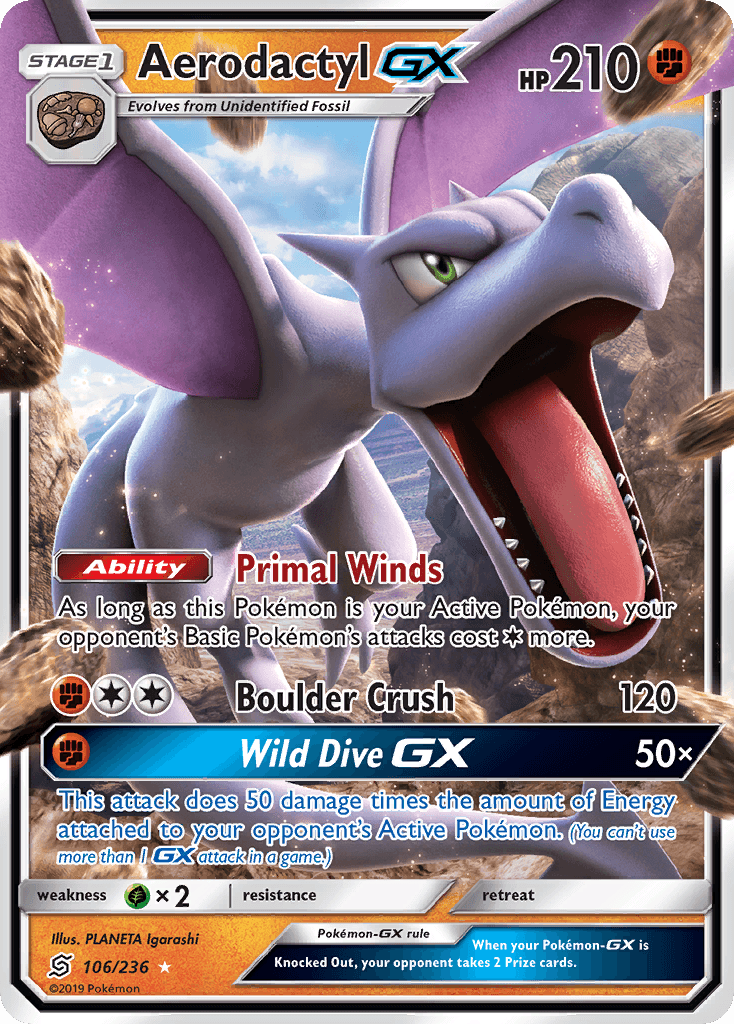 106, Fighting, Grass[×2], Holofoil, Sun & Moon: Unified Minds, Ultra Rare Aerodactyl GX (106/236) [Sun & Moon: Unified Minds] - Trading Card World