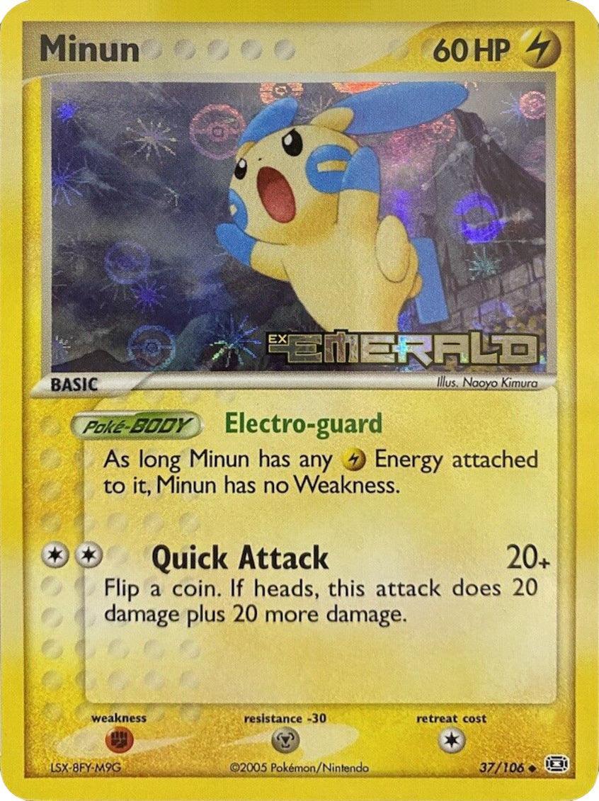 37, EX: Emerald, Fighting[×2], Lightning, Metal[-30], Reverse Holofoil, Uncommon Minun (37/106) (Stamped) [EX: Emerald] - Trading Card World