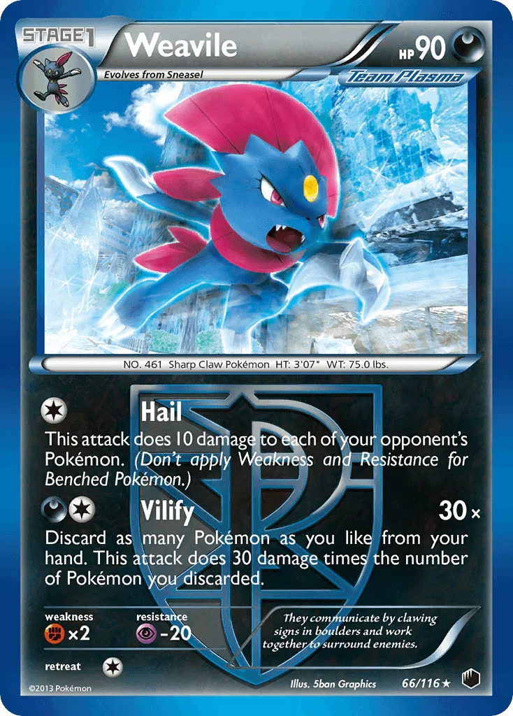 66, Black & White: Plasma Freeze, Darkness, Fighting[×2], Normal, Psychic[-20], Rare, Reverse Holofoil Weavile (66/116) [Black & White: Plasma Freeze] - Trading Card World