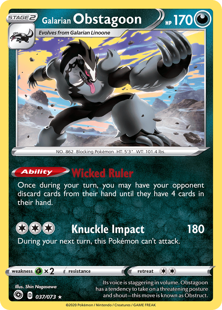 037, Darkness, Grass[×2], Holo Rare, Holofoil, Reverse Holofoil, Sword & Shield: Champion's Path Galarian Obstagoon (037/073) [Sword & Shield: Champion's Path] - Trading Card World