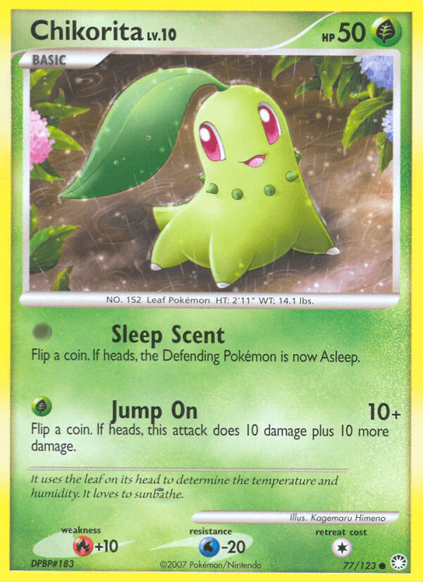 77, Common, Diamond & Pearl: Mysterious Treasures, Fire[+10], Grass, Normal, Reverse Holofoil, Water[-20] Chikorita (77/123) [Diamond & Pearl: Mysterious Treasures] - Trading Card World