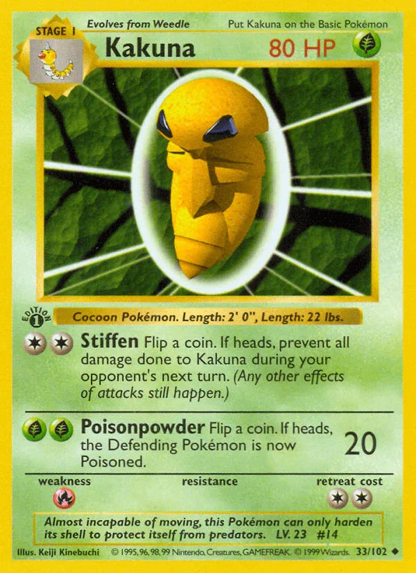 1st Edition Normal, 33, Base Set 1st Edition, Fire[×2], Grass, Uncommon Kakuna (33/102) (Shadowless) [Base Set 1st Edition] - Trading Card World