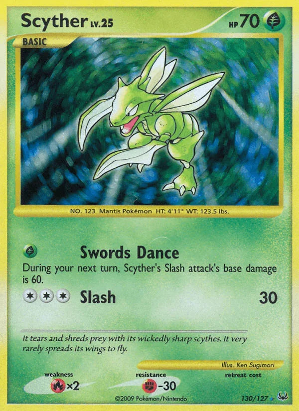 130, Fighting[-30], Fire[×2], Grass, Holofoil, Platinum: Base Set, Ultra Rare Scyther (130/127) [Platinum: Base Set] - Trading Card World
