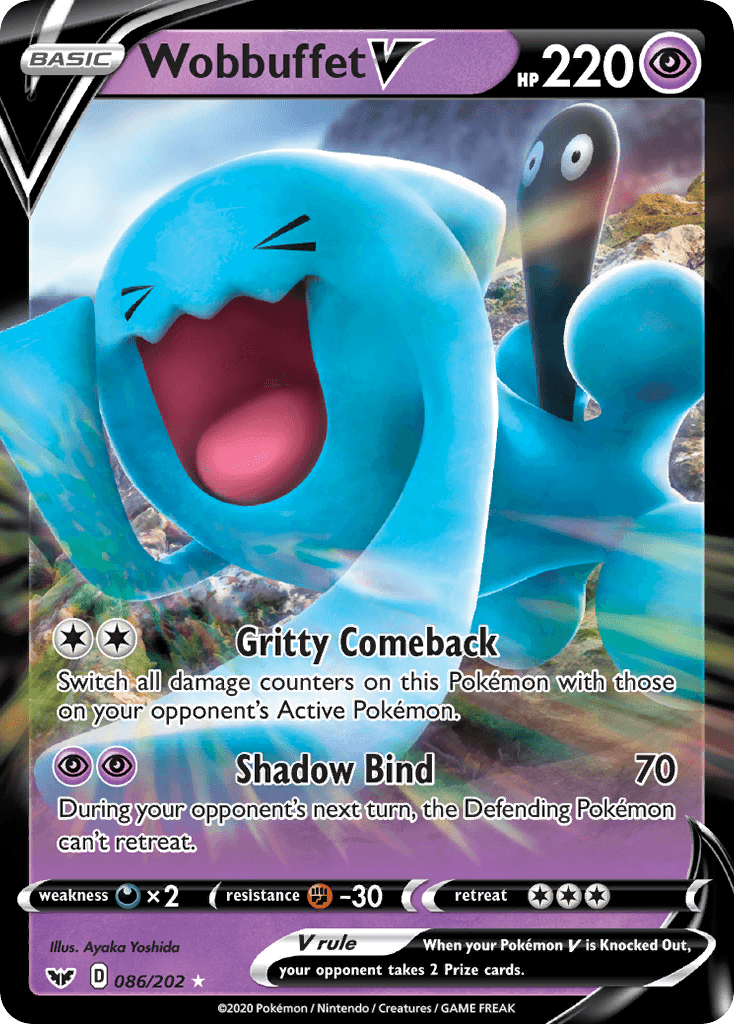 086, Darkness[×2], Fighting[-30], Holofoil, Psychic, Sword & Shield: Base Set, Ultra Rare Wobbuffet V (086/202) [Sword & Shield: Base Set] - Trading Card World