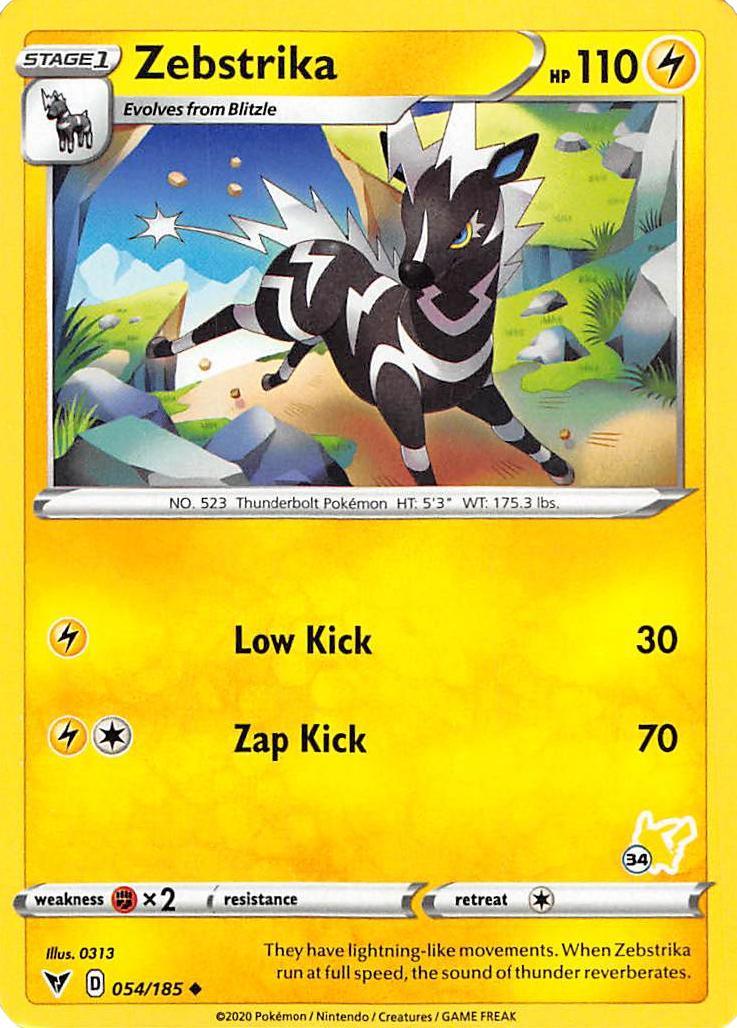 054, Battle Academy 2022, Fighting [x2], Lightning, Normal, Uncommon Zebstrika (054/185) (Pikachu Stamp #34) [Battle Academy 2022] - Trading Card World