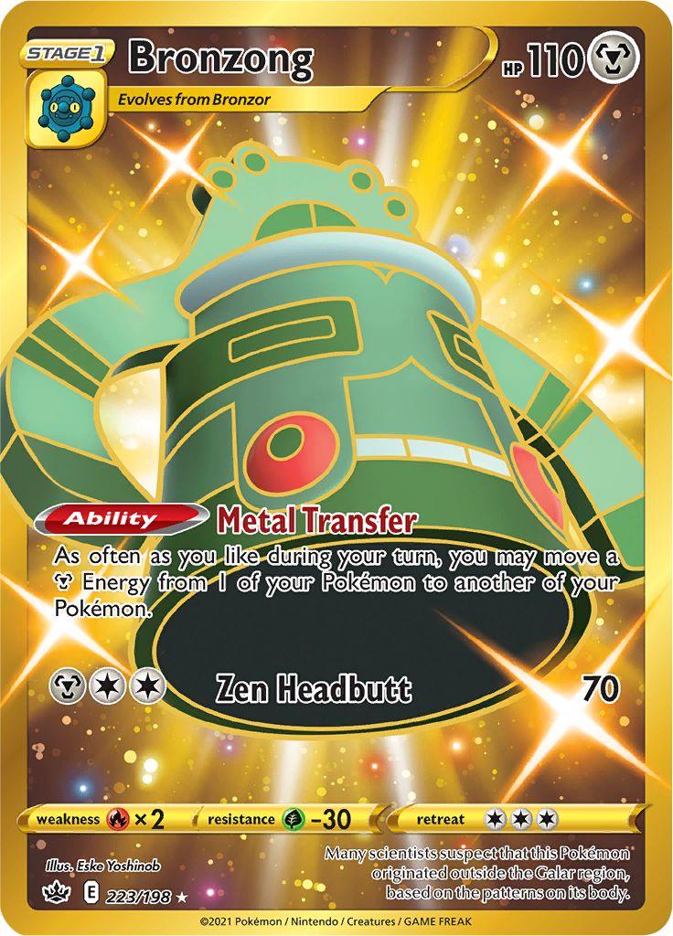223, Fire [x2], Grass [-30], Holofoil, Metal, Secret Rare, Sword & Shield: Chilling Reign Bronzong (223/198) [Sword & Shield: Chilling Reign] - Trading Card World