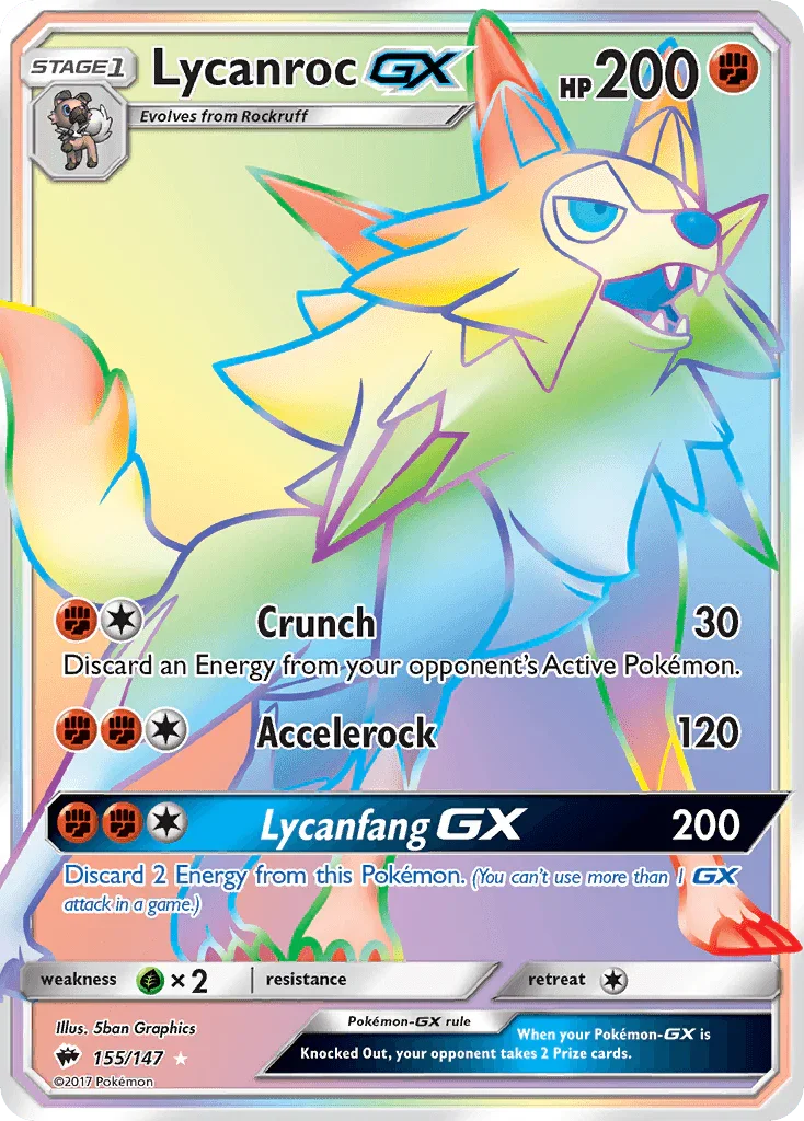 155, Fighting, Grass[×2], Holofoil, Secret Rare, Sun & Moon: Burning Shadows Lycanroc GX (155/147) [Sun & Moon: Burning Shadows] - Trading Card World