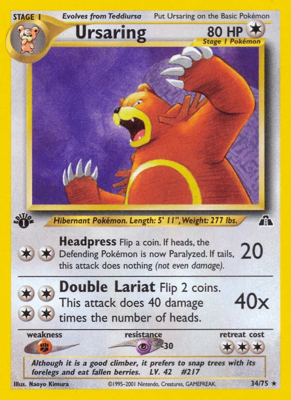 1st Edition Normal, 34, Colorless, Fighting[×2], Neo Discovery 1st Edition, Psychic[-30], Rare Ursaring (34/75) [Neo Discovery 1st Edition] - Trading Card World